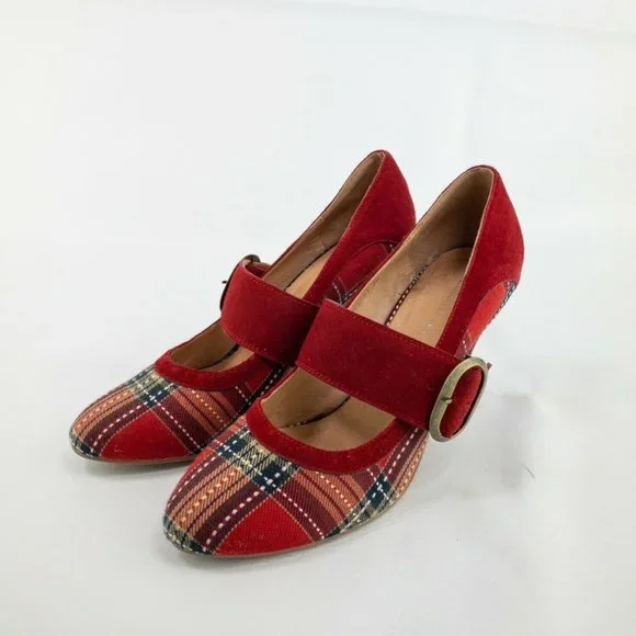 Red Plaid Mary Jane Heels - Picture 1 of 10